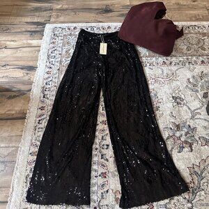 NWT Ramy Brook Christine Black Sequin Pants Wide Leg Flare Size 4